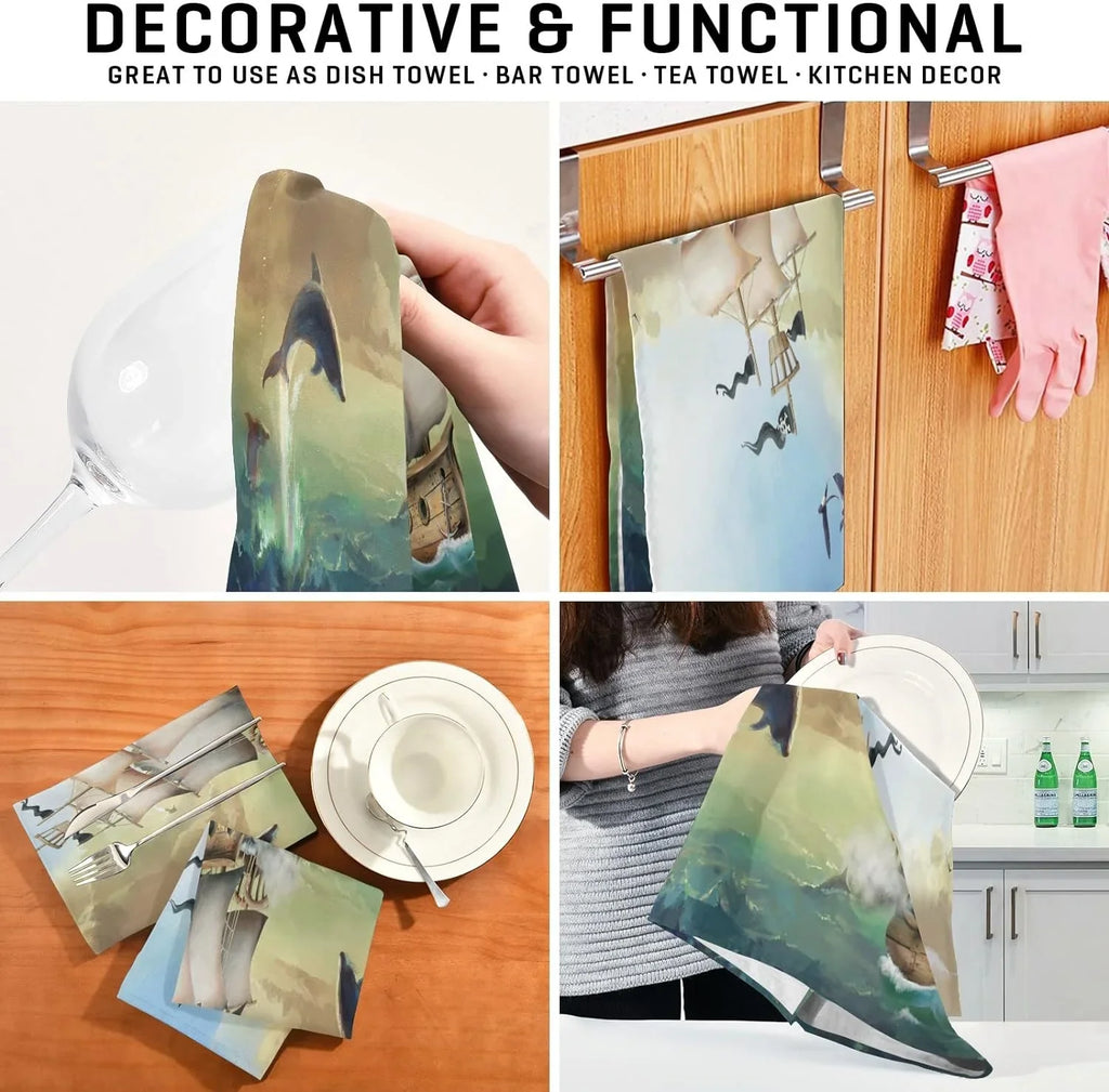 Loop, Towel Drying Kitchen Dolphins for Cloth with Absorbent Towels Set Sailboat and Cleaning Summer 18"x28"Lint-Free Hanging of Jumping Ocean Wiping Kitchen 6 Dish Tea