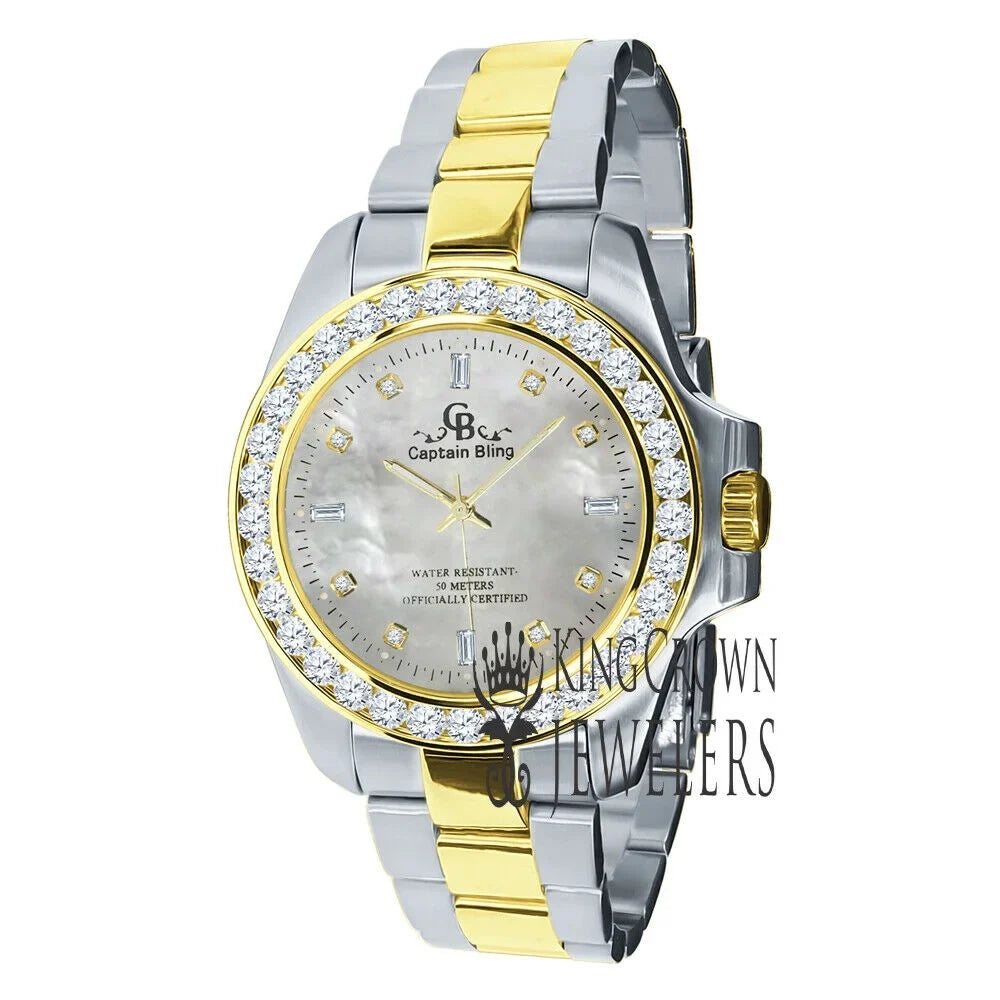 2 Steel Solid Mother Mens Simulated Dial Tone Diamonds Of Watch Finish Gold 18K Stainless Pearl