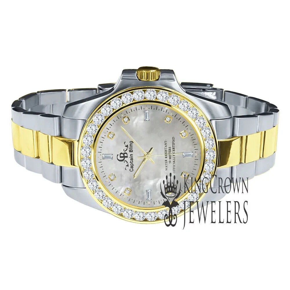 2 Steel Solid Mother Mens Simulated Dial Tone Diamonds Of Watch Finish Gold 18K Stainless Pearl