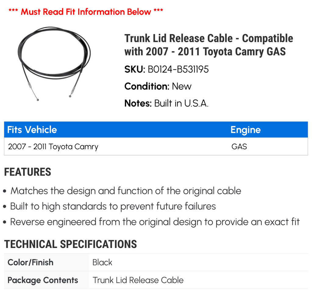 2008 2007 2009 - GAS Toyota 2011 with Camry Trunk 2010 Lid Compatible Release - Cable