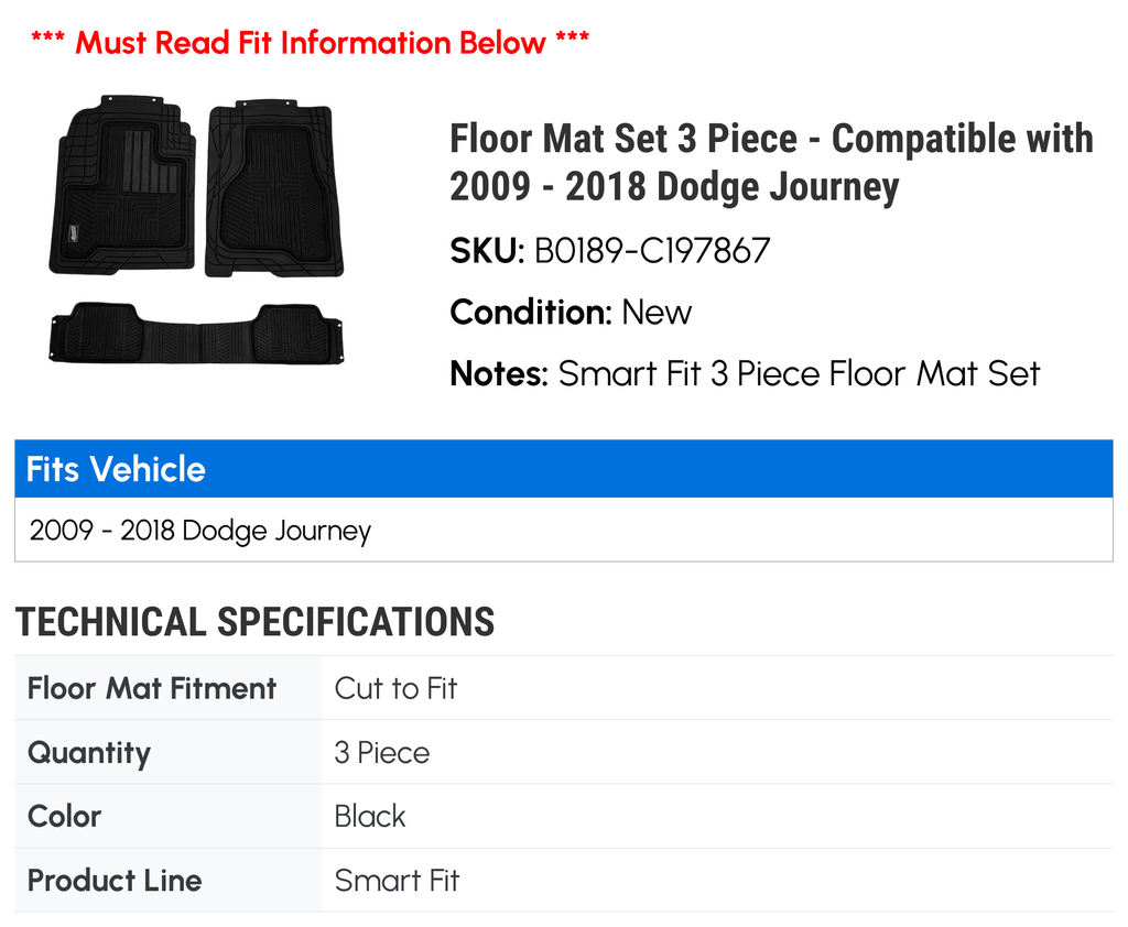 Compatible - 2011 Dodge 2013 2015 Floor 2014 Piece 2010 2016 2009 3 Journey with Mat - 2017 2012 2018 Set
