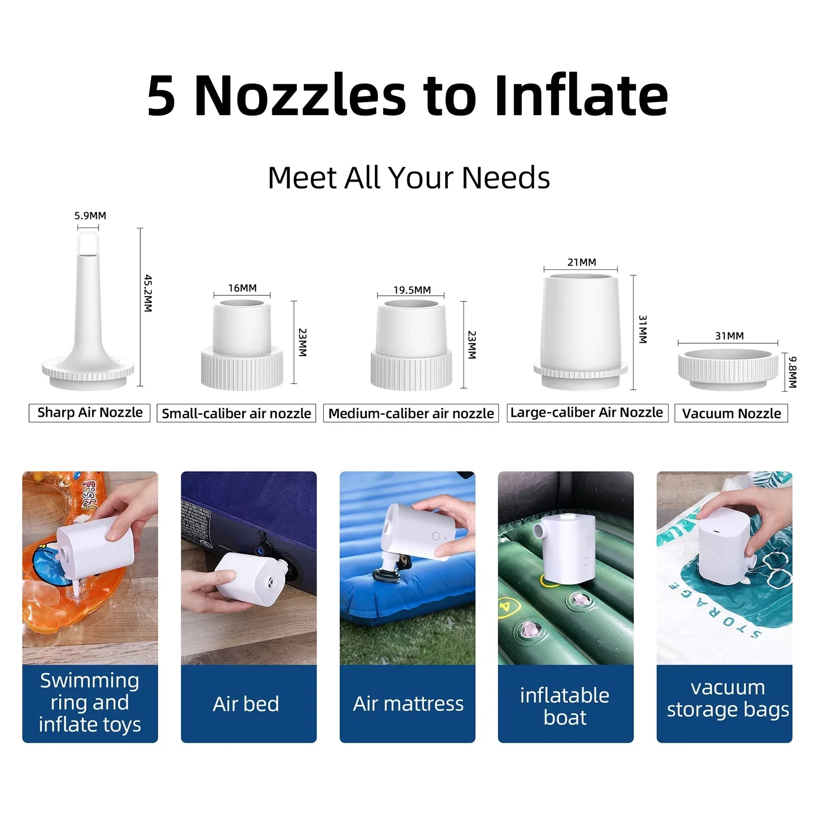 Quick Air Nozzles Battery Inflator Inflatables for Air Pumps Bed Deflator Ring 5 Pump Electric with Air Pump Swimming 2500mAh Pool Mattress Toy Air USB with