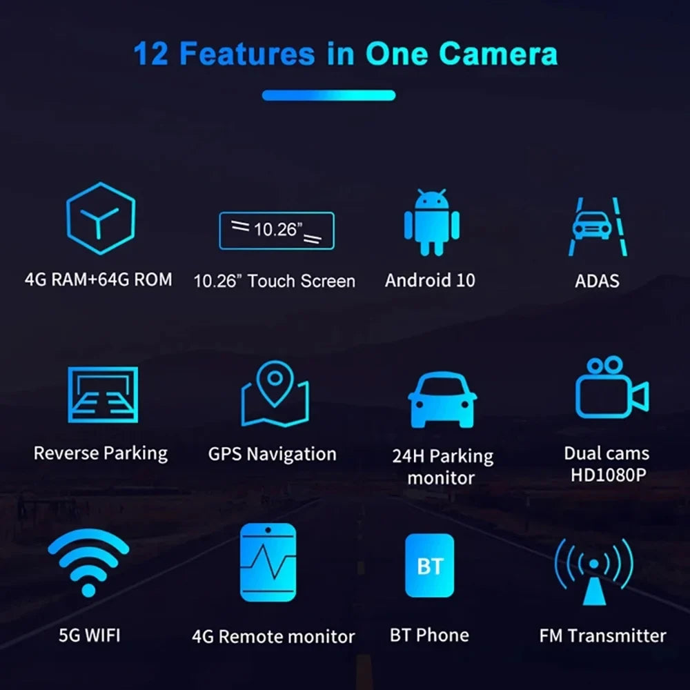 10.0 Dashcam Camera 10.26 Car Inch WIFI Navigation DVR Android Anself Dual GPS