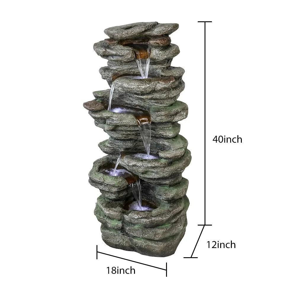 40''H Polyresin Meedzom Garden Fountain Lighted exterior Decor Floor Natural LED for Fountain Patio liquid
