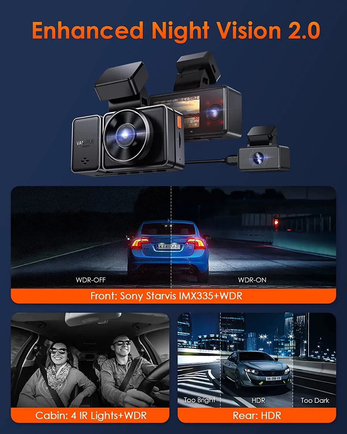 Dash Parking IR Cam 512GB Control, Night Max 24 Vantrue Camera Channel with WiFi Inside, Hours 2.5K Mode, Rear Front and STARVIS 1944P+1080P+1080P 3 GPS Triple 3 Dash Support Voice E3 Way Vision,