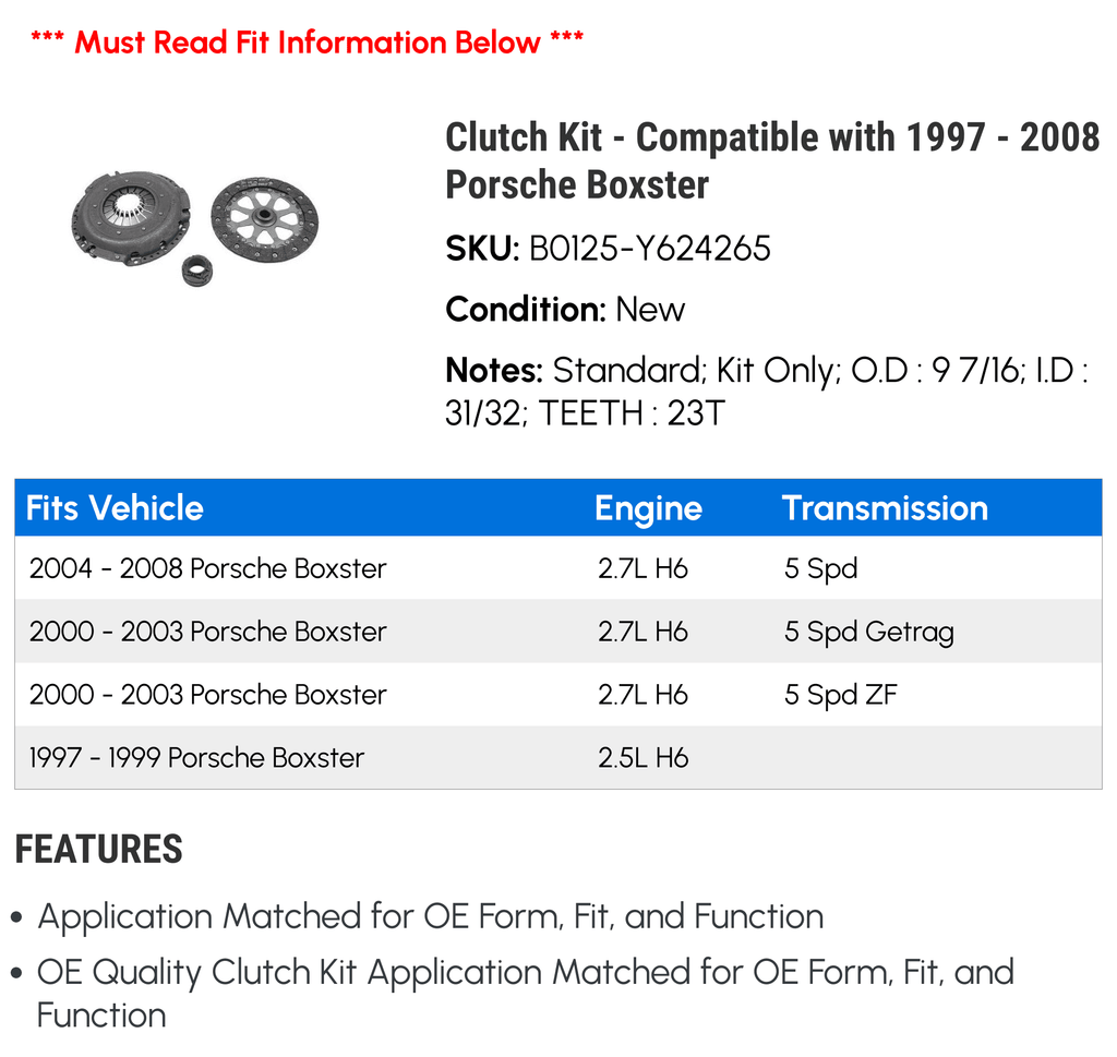 1998 2005 2006 2003 Compatible 2000 - Kit 1997 Porsche with 2001 Boxster - 2004 1999 Clutch 2002 2008 2007