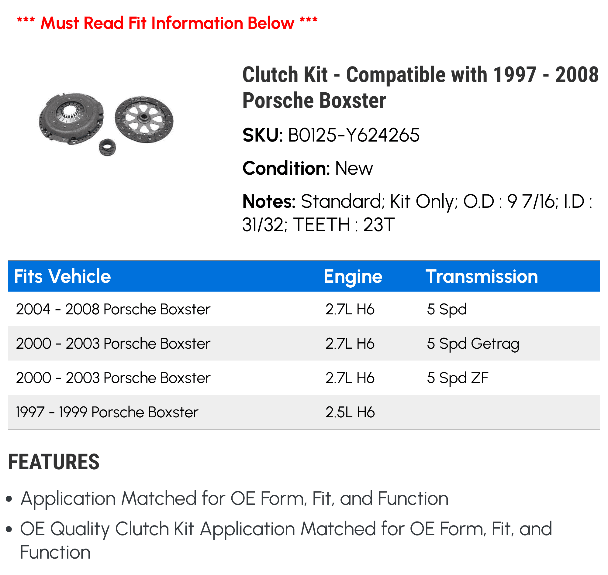 1998 2005 2006 2003 Compatible 2000 - Kit 1997 Porsche with 2001 Boxster - 2004 1999 Clutch 2002 2008 2007