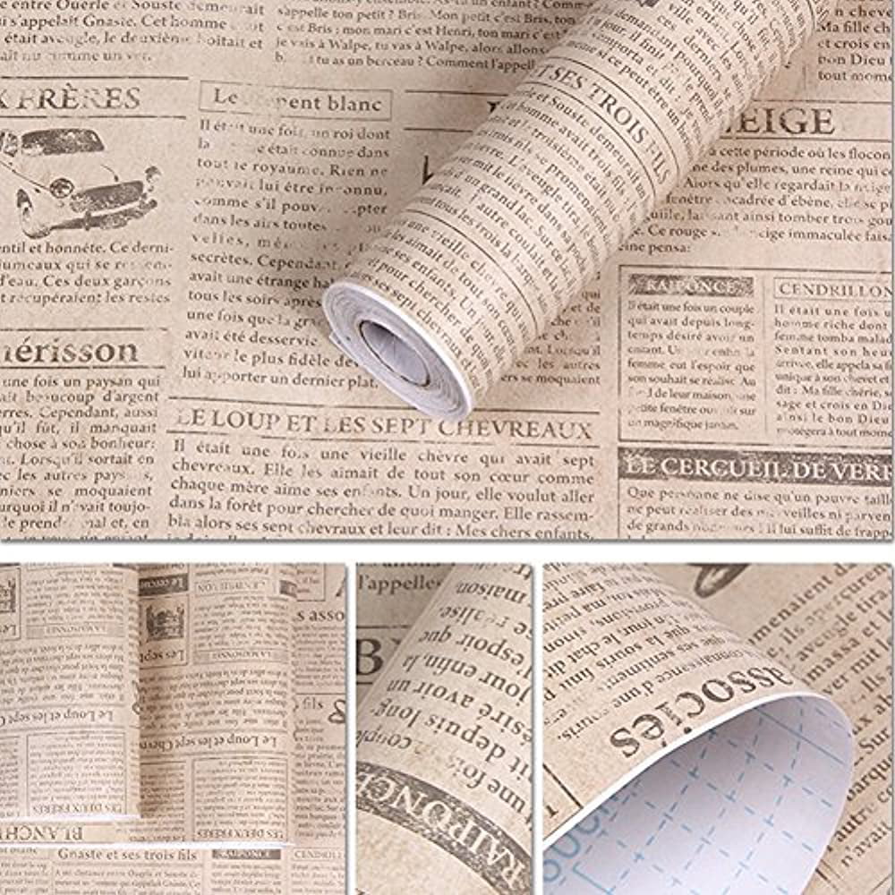 Feet Inch SimpleLife4U By Newspaper 9.8 Paper Contact Shelf Self-Adhesive Beige Retro Sticker 17.7 Countertop Liner