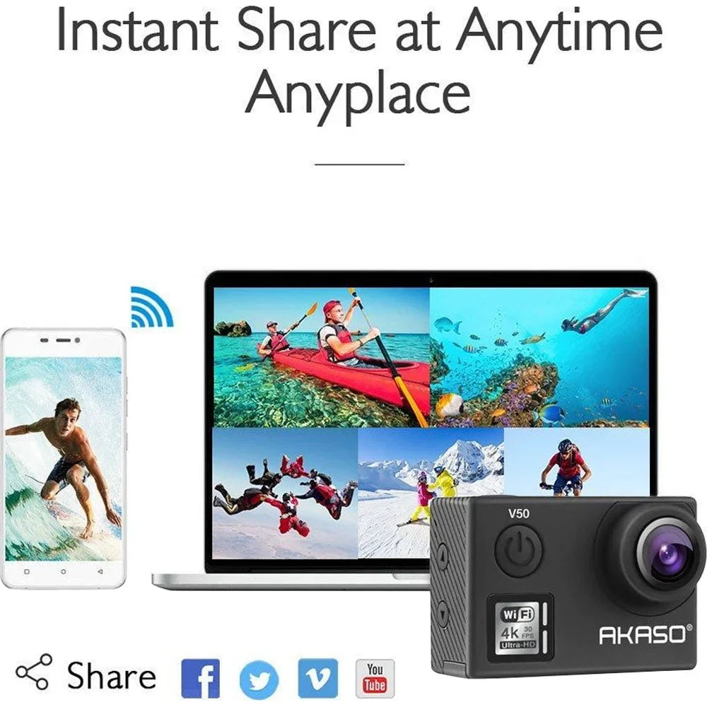 '- Akaso with V50 4K/30fps Wi-Fi Action 20 Box) MP Camera-Native (Open