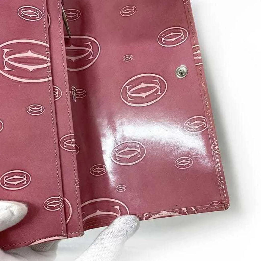 Long Ladies Leather Cartier Pink Bifold Wallet Pre-Owned L3000951 (Fair) 2C Happy Birthday Motif