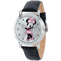 Shinny Case Black Articulating Women's Strap Vintage Silver Watch, Leather Alloy Mouse Minnie
