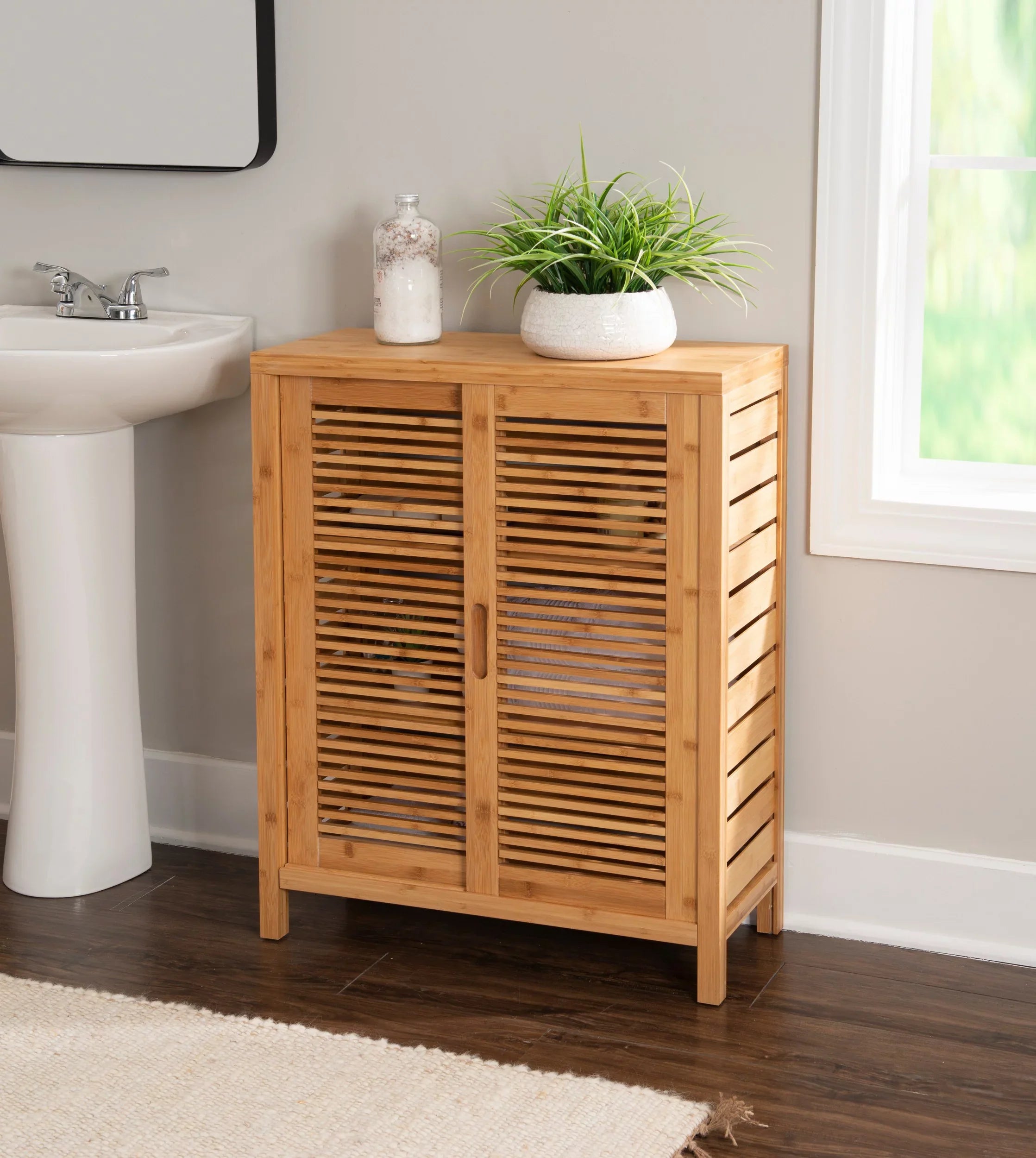 Storage Floor Bracken 3 Door Shelf Bathroom Cabinet, Bamboo Linon 2