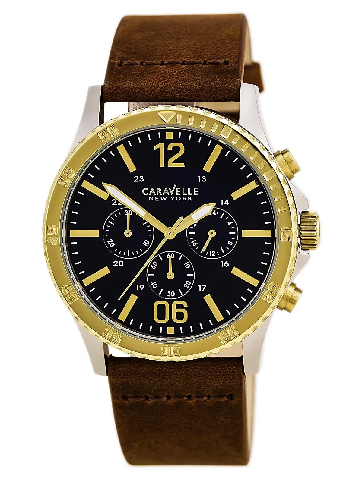 Brown 45A135 Dial Blue Men's Chronograph Leather Caravelle Watch Sport Strap