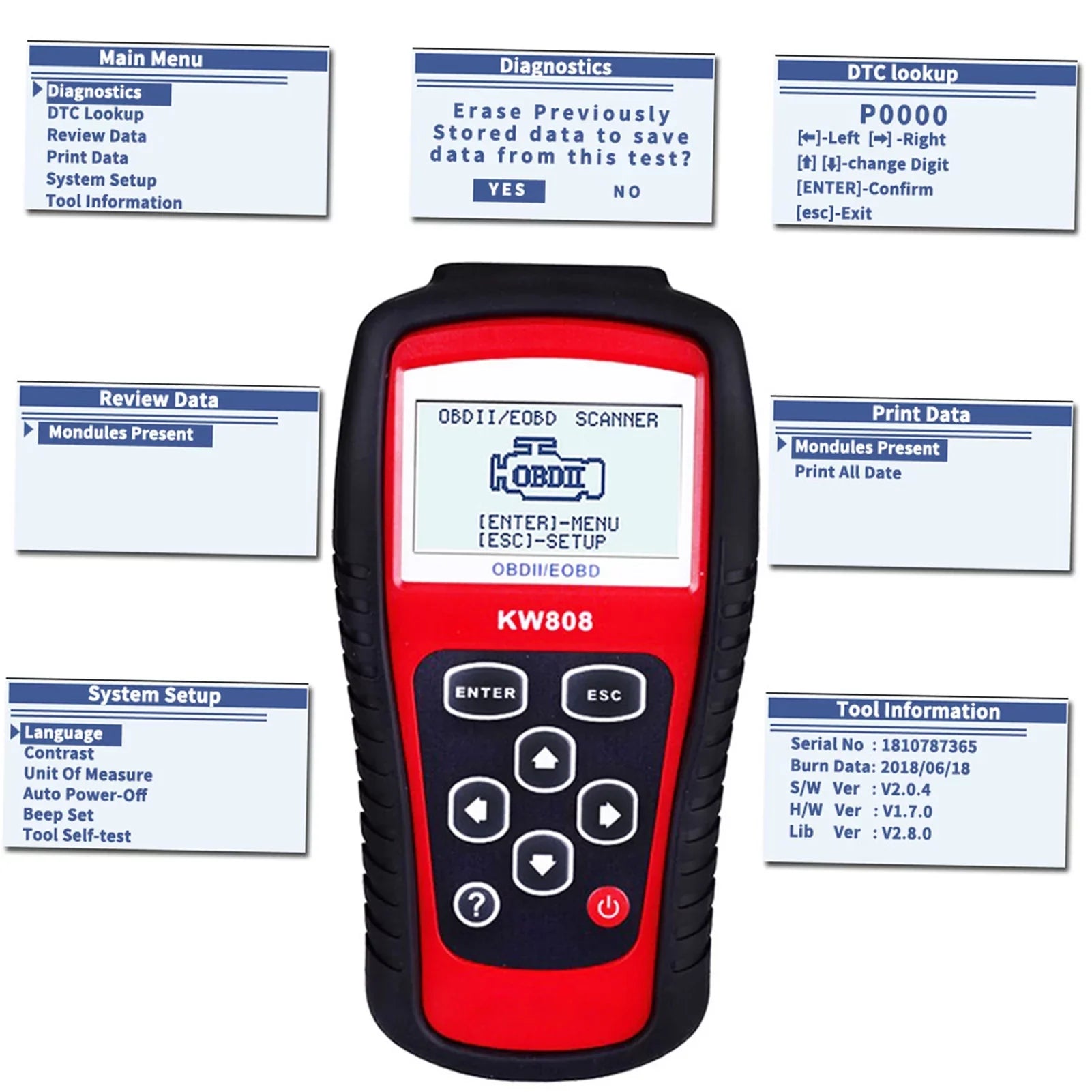 and Code Moobody Scanner Detection Reader Car OBDII/EOBD for Auto KW808, Automotive Scanner