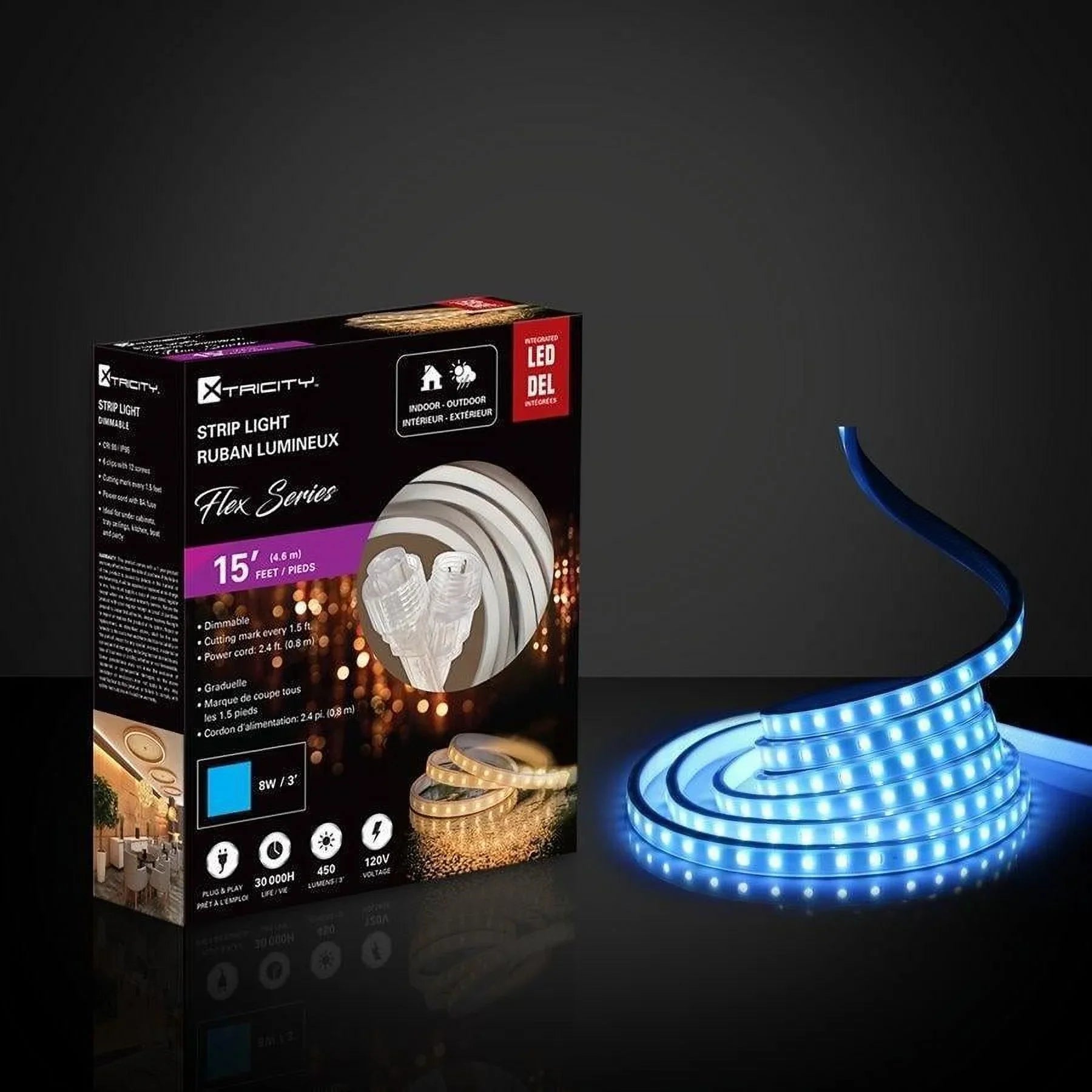 and flexible exterior 15 led Xtricity Indoor feet/8w-3'/120v/Blue strip