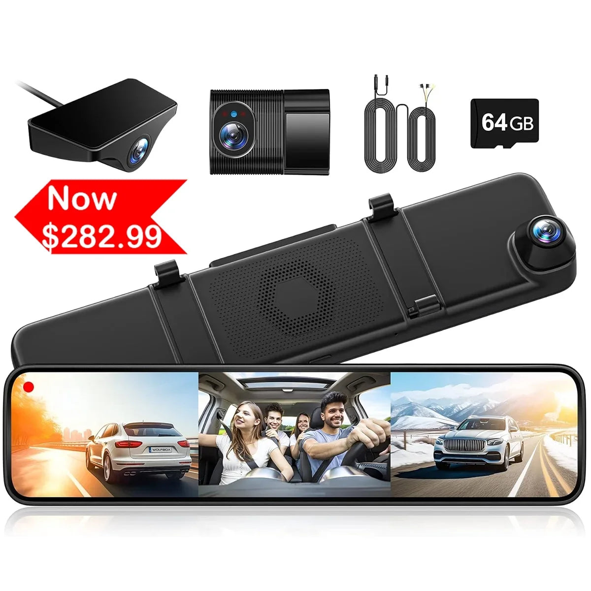 with Motion Triple with Channel, Detection, Monitor,Vehicle Camera GPS&64GB Night 2K 3 Recording, Camera Card, Cam Loop Backup Dash WOLFBOX Mirror Screen Touch Vision, Parking Car Car