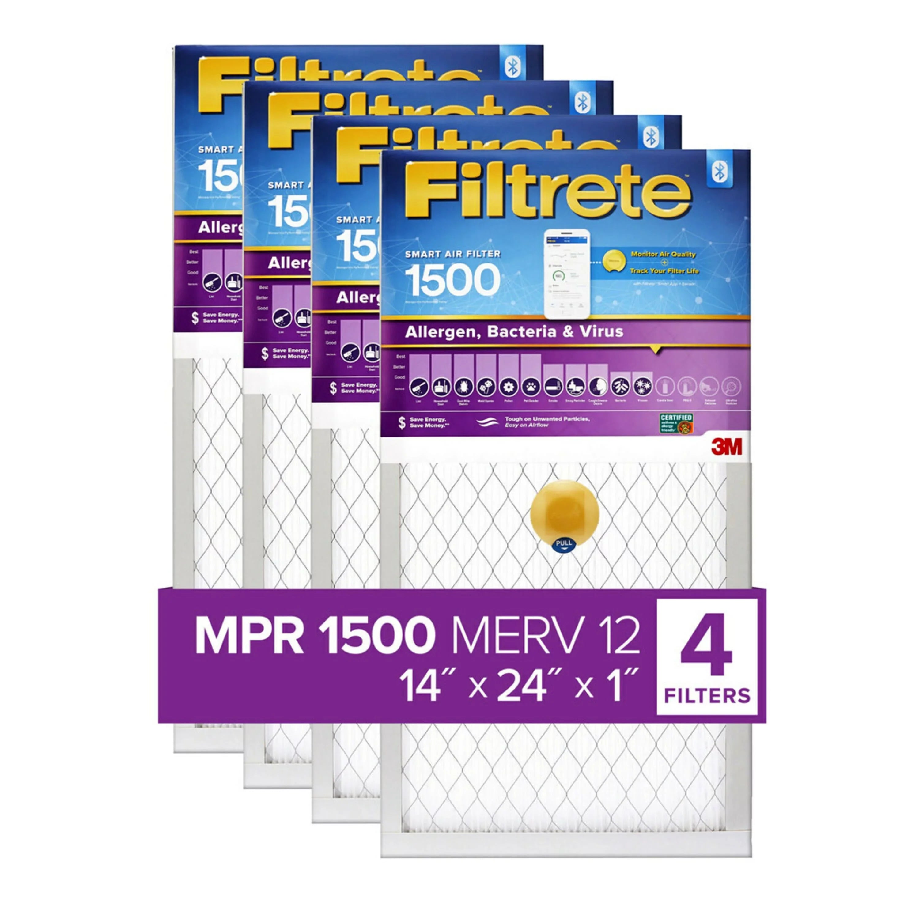 HVAC 4 Smart Allergen, Air Filters Filter, & 12, 1500 Virus MPR, Bacteria by Filtrete 14x24x1, Furnace and MERV 3M