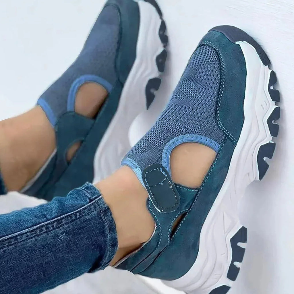 Non Seasons Shoes Breathable Solid Toe Four Women Loop Flat Wedges Round Color Women's Hook Mesh Slip