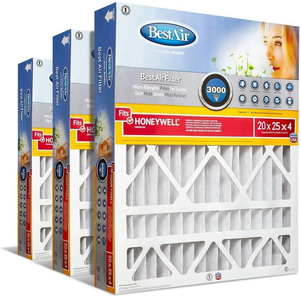 Air For 20" Honeywell BestAir MERV x HW2025-13R 3 Fits Removes 13, AC Furnace 100%, of Filter, Models, 25" Pack Allergens x 4", Contaminants, &