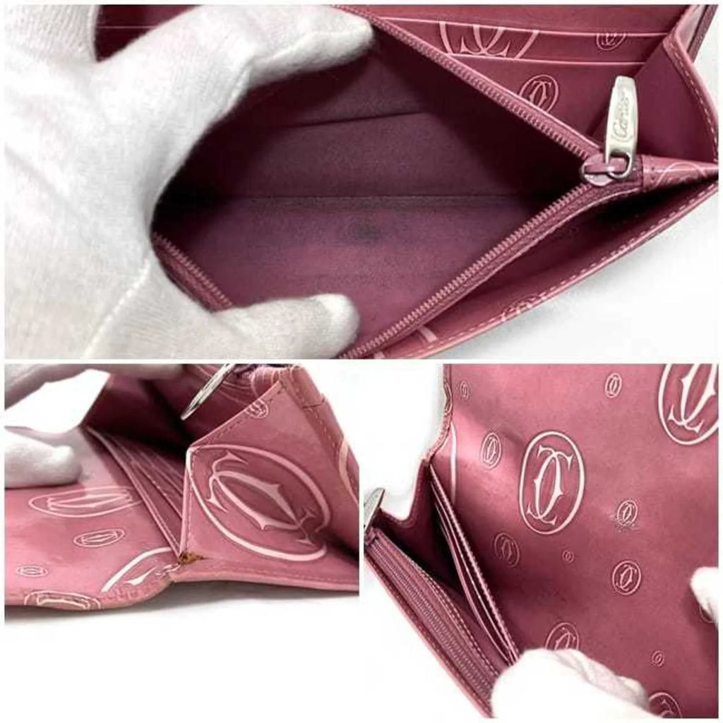 Long Ladies Leather Cartier Pink Bifold Wallet Pre-Owned L3000951 (Fair) 2C Happy Birthday Motif