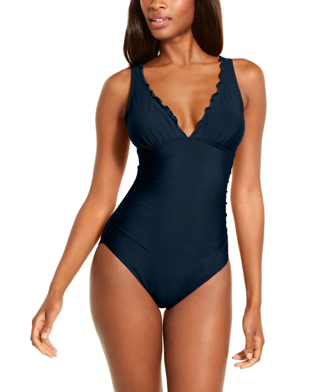 Womens Ruffle One Solid DKNY Shirred Piece Swimsuit