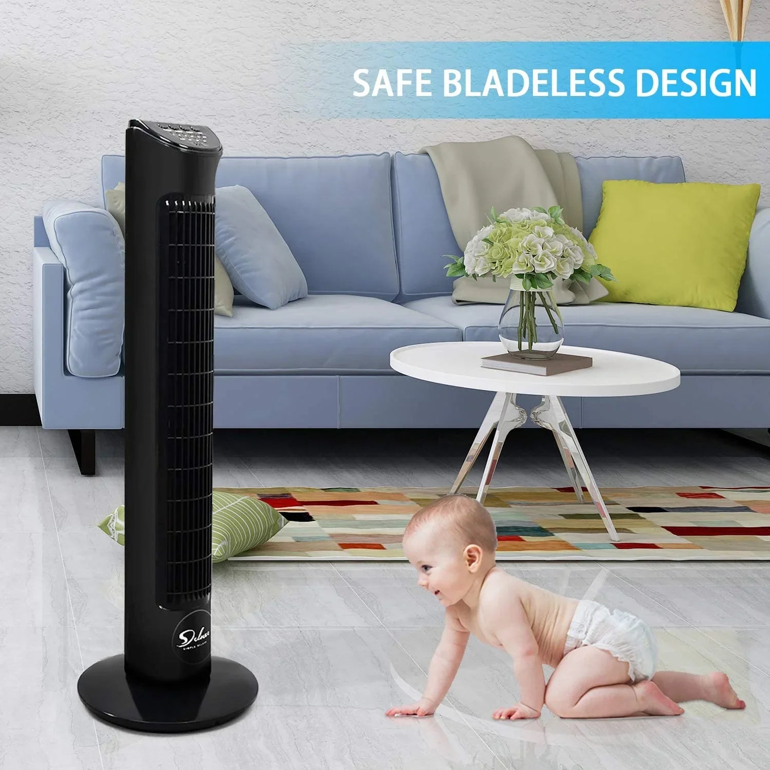 Remote, Fan Deluxe with Fan, Floor Standing 90° Fan 4 Simple Oscillating 32"Tower Fans, Speeds, Bladeless with Black