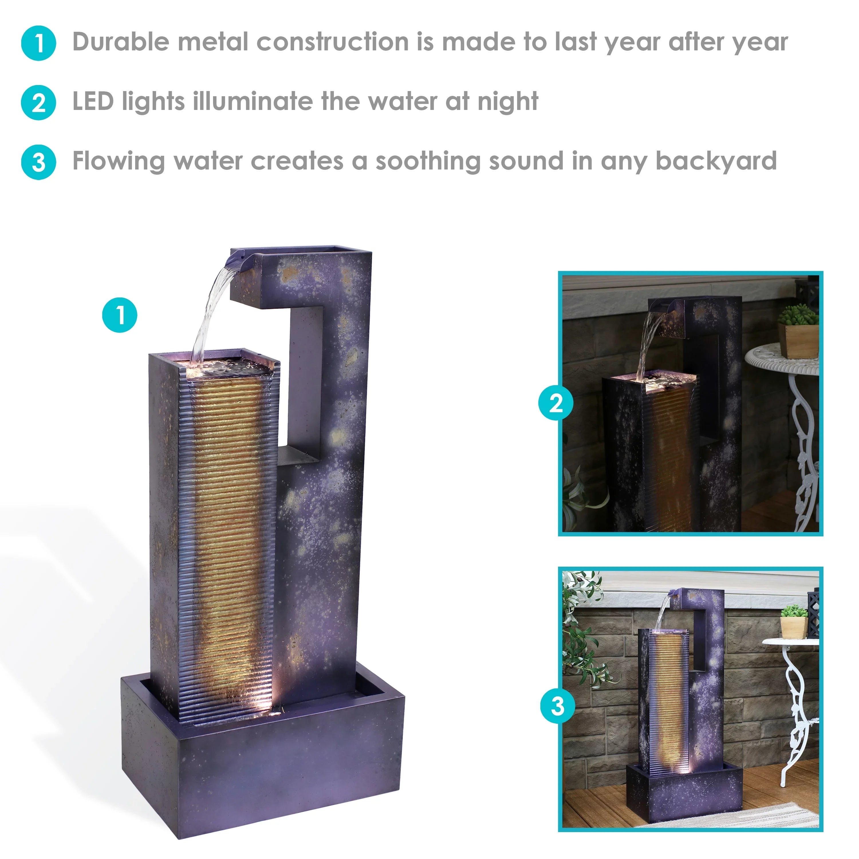 with exterior Metal Tower LED Lights Cascading - 32" Sunnydaze Fountain