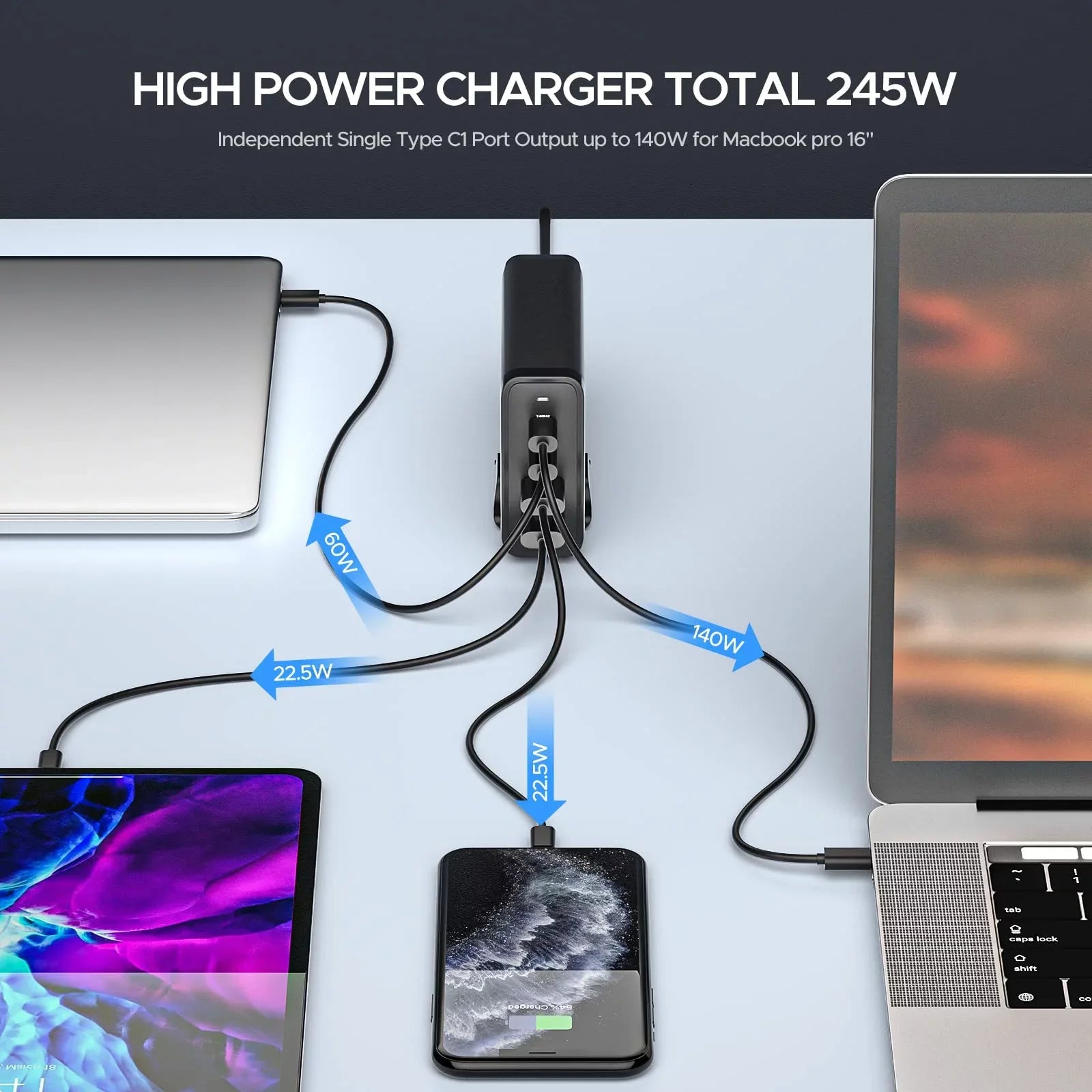 C Galaxy, 4Port Air/ with iPhone, Deck PD C iPad, Power Type Fast Power 3.1 XPS, Steam for USB Pro Charger 245W Adapter Key Station, Charge 16", Macbook 140W GaN