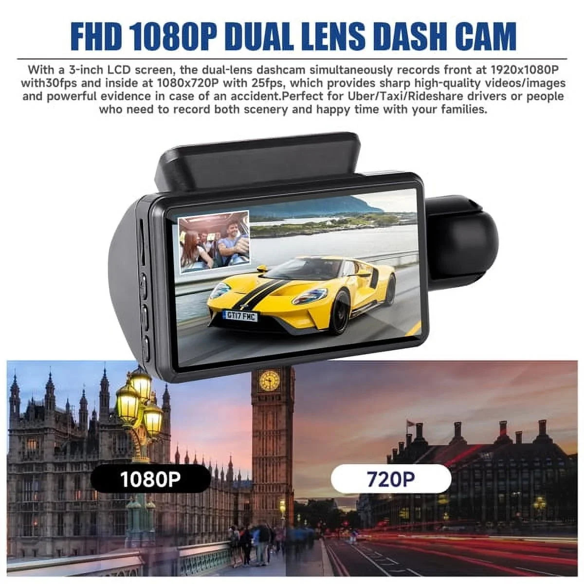 Front Vision Rear Cam Angle and Dash Night SYTHERS 170° Loop Dash Wide Camera Recording 1080P