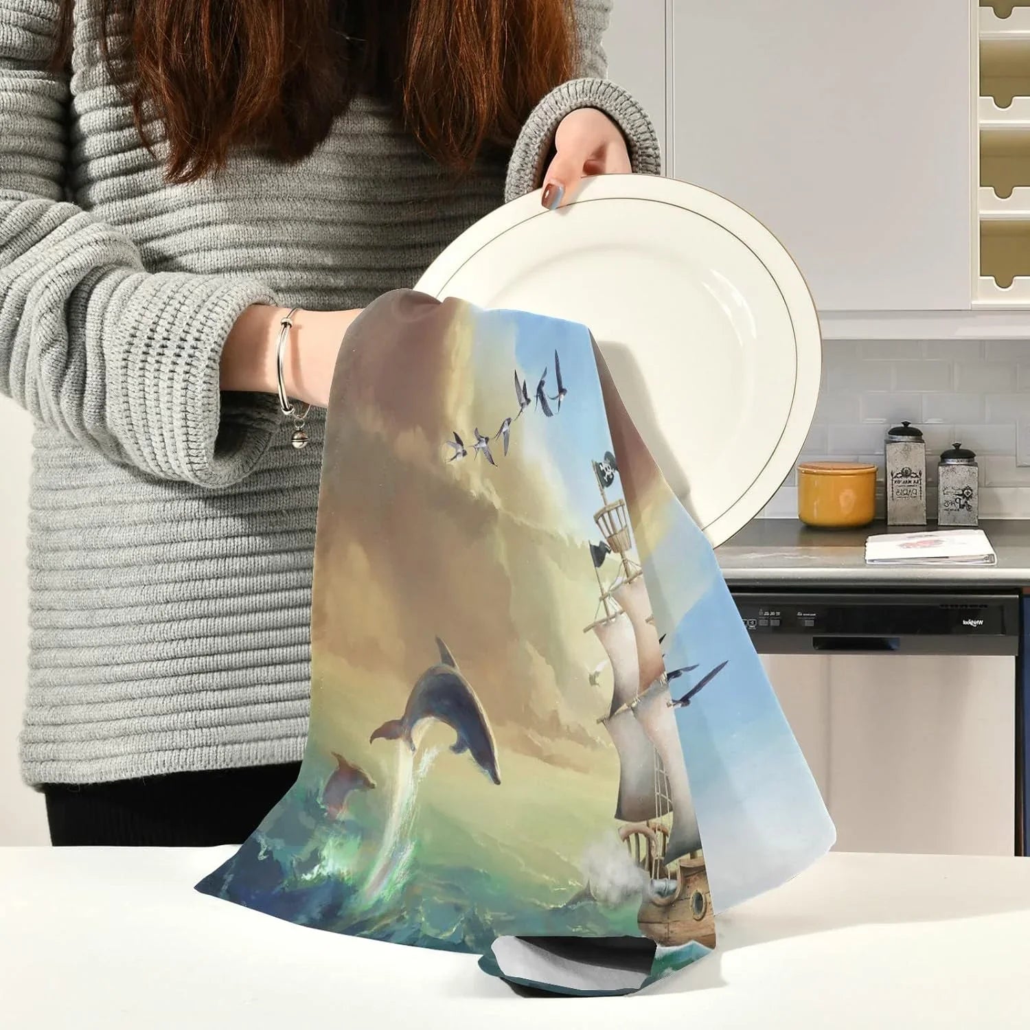 Loop, Towel Drying Kitchen Dolphins for Cloth with Absorbent Towels Set Sailboat and Cleaning Summer 18"x28"Lint-Free Hanging of Jumping Ocean Wiping Kitchen 6 Dish Tea