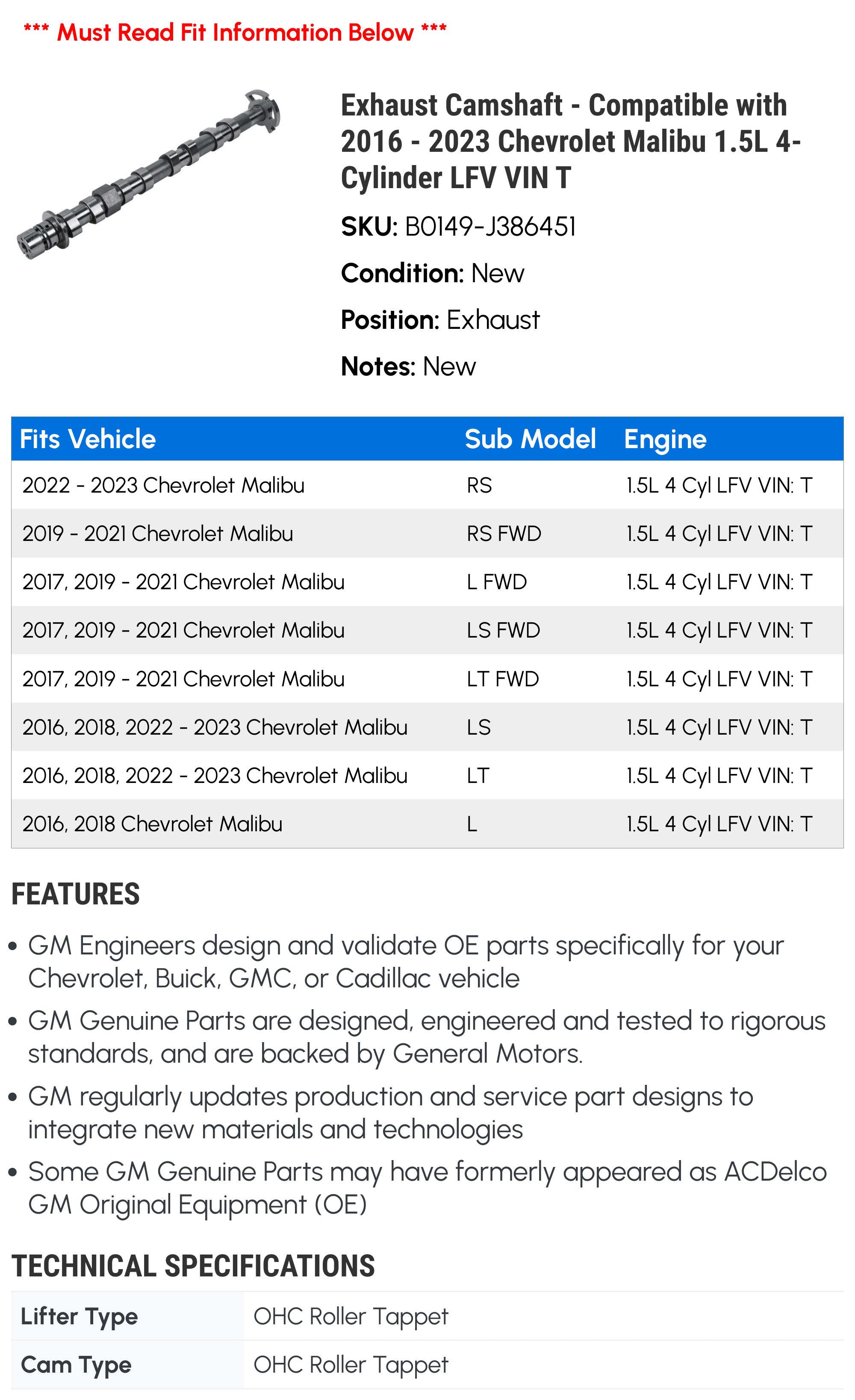 4-Cylinder T Exhaust 2016 - Compatible 2021 VIN 2017 Chevy 2022 LFV 1.5L 2019 2020 - Malibu Camshaft with 2023 2018