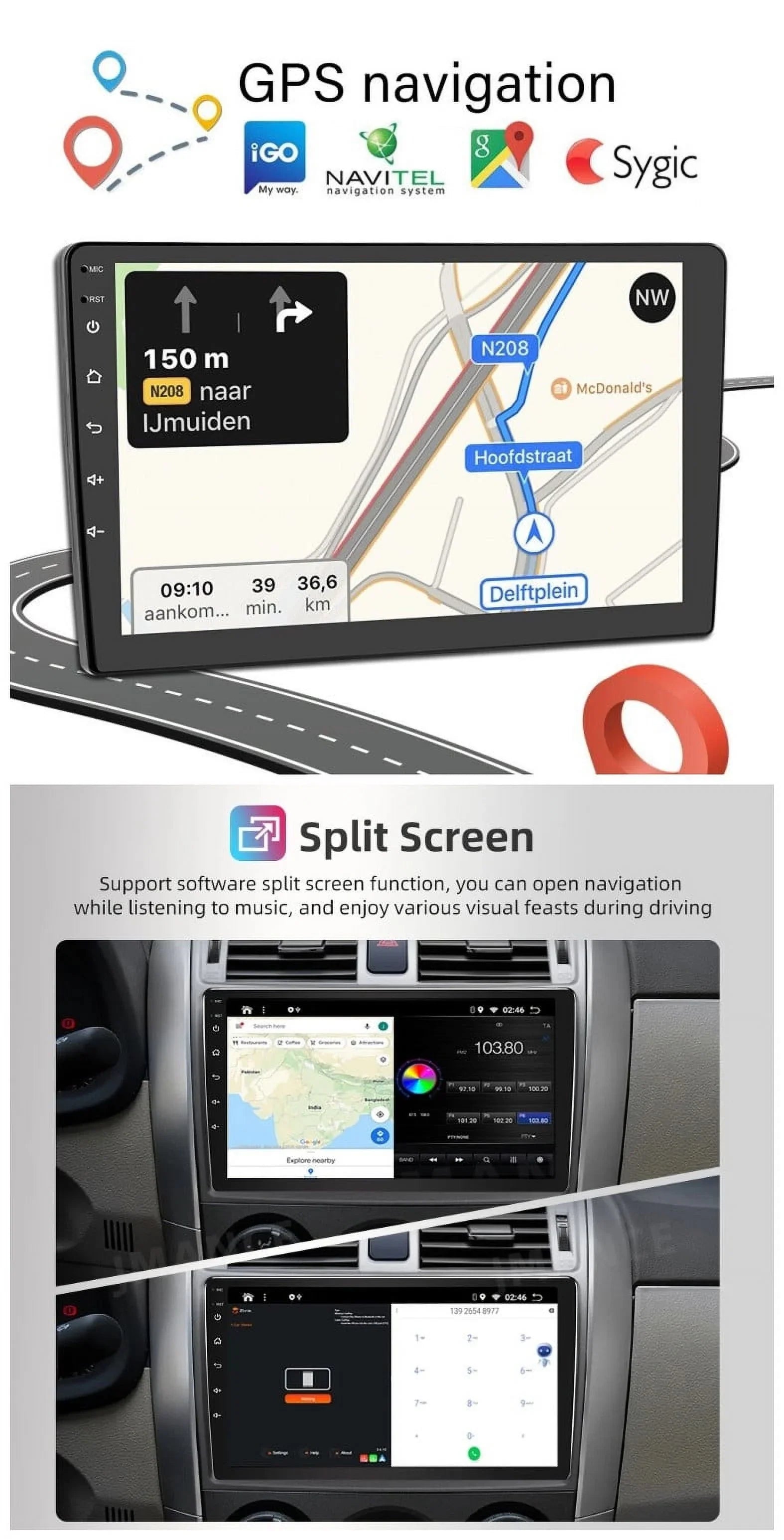 2+32GB Receiver Din Car 1280*720 10.1" WiFi Android Carplay USB Backup Android IPS AHD Stereo Bluetooth Radio Wireless Auto Navigation Double GPS Screen FM/RDS Camera