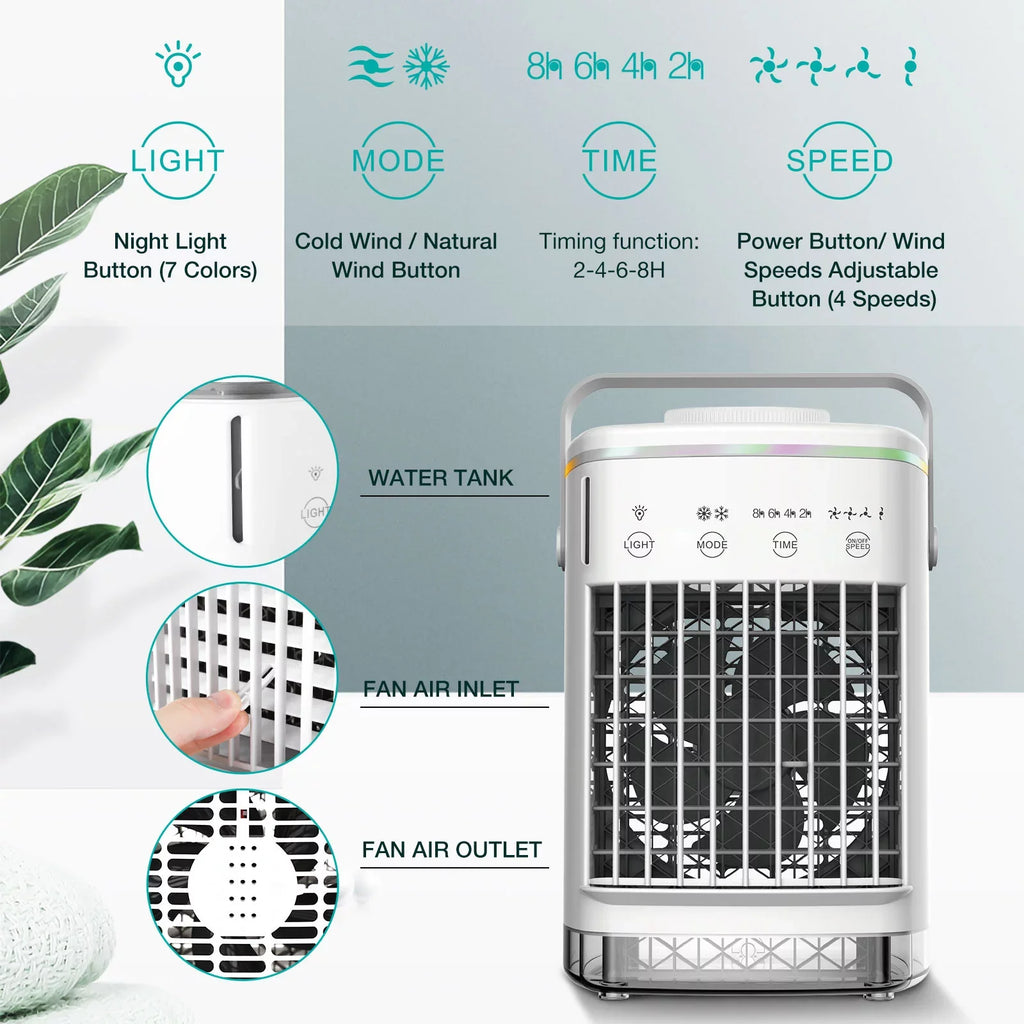 Hiroke Desk Desktop Home Air Cooler Air Personal Portable for & Office Mini Air Timer Light 4-Speed Conditioners Spray Fan Night Conditioner with Camping 7 2-8H Fan