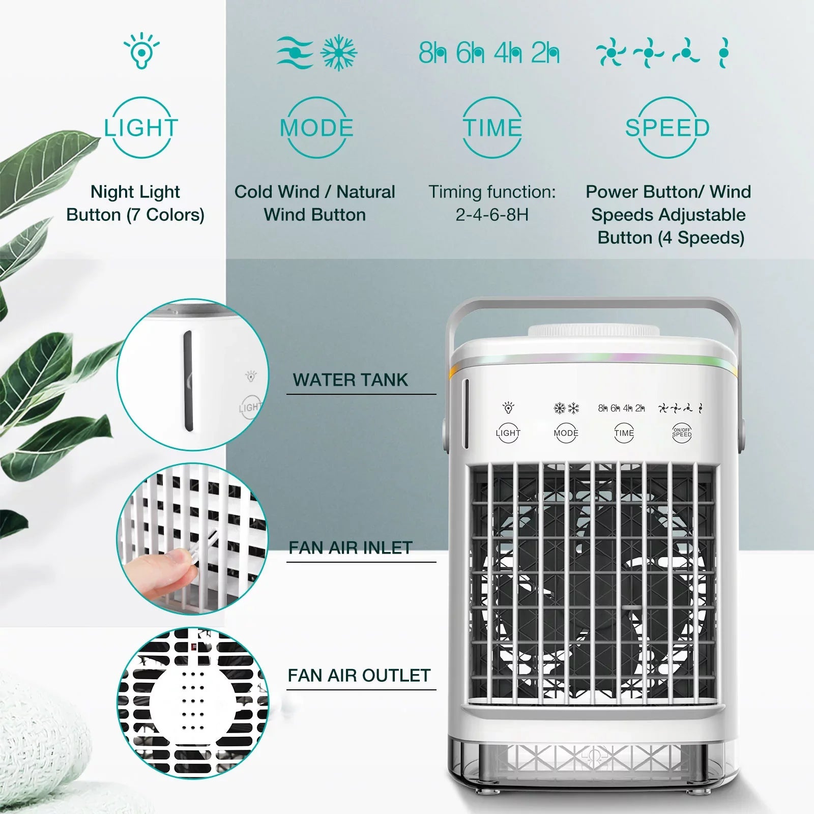 Hiroke Desk Desktop Home Air Cooler Air Personal Portable for & Office Mini Air Timer Light 4-Speed Conditioners Spray Fan Night Conditioner with Camping 7 2-8H Fan