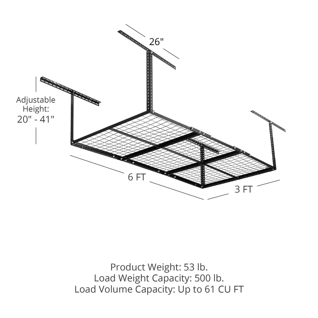 Adjustable Height, 41" for 3' Storage Garage Capacity, System, Loading Wire with Ceiling Titan Bikes 6' to Grid Attachments x Bins Storage 500 Overhead Organization Metal Rack, 20" Mount LB Equipment