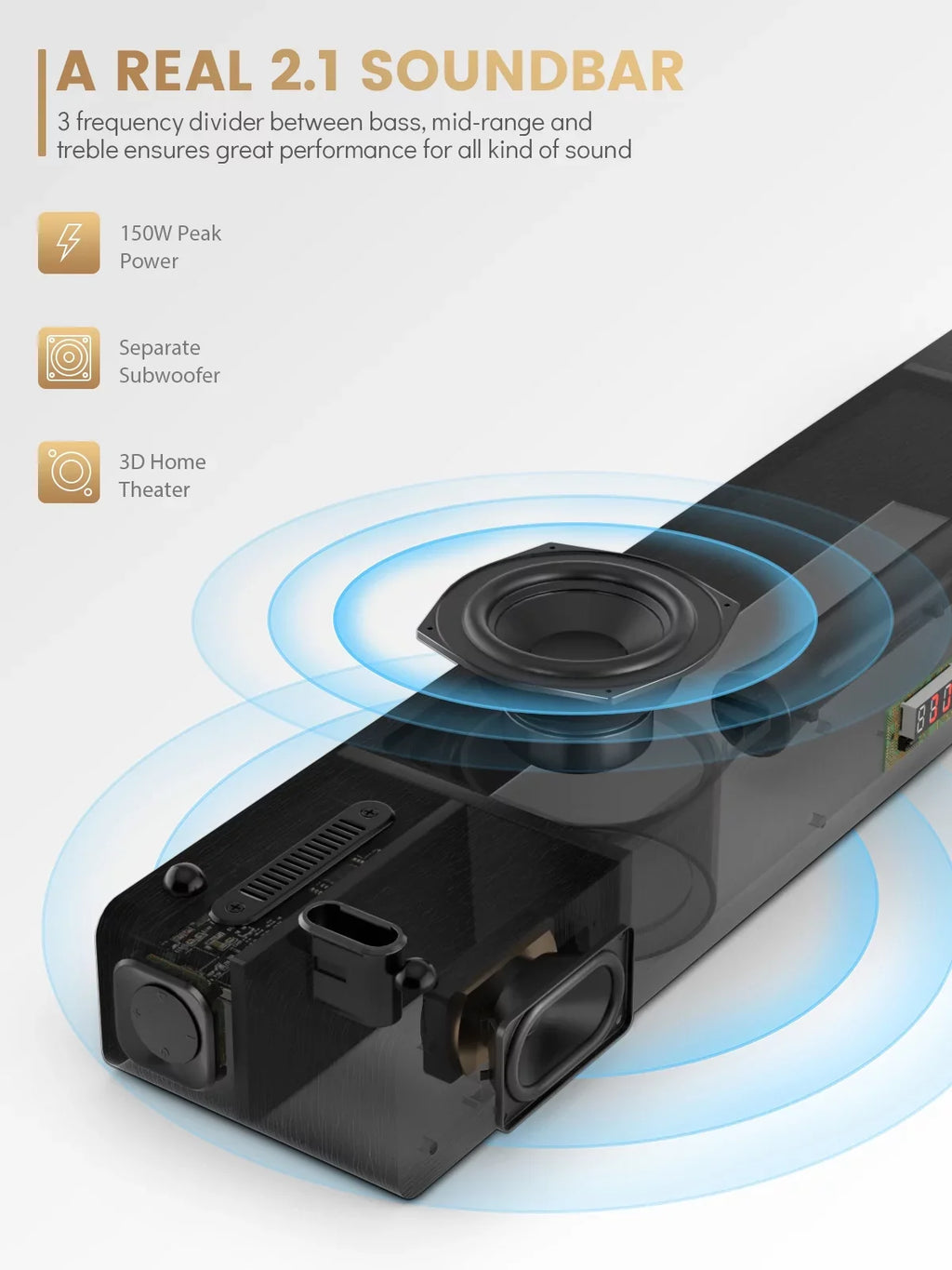 Bar Bar 150W Meredo Bass/Treble HDMI 5 Includes for Sound Built-in Cable Adjustable Subwoofer EQ Sound TV HDMI Modes 28Inch Arc/Optical/Aux/Bluetooth/USB Wooden
