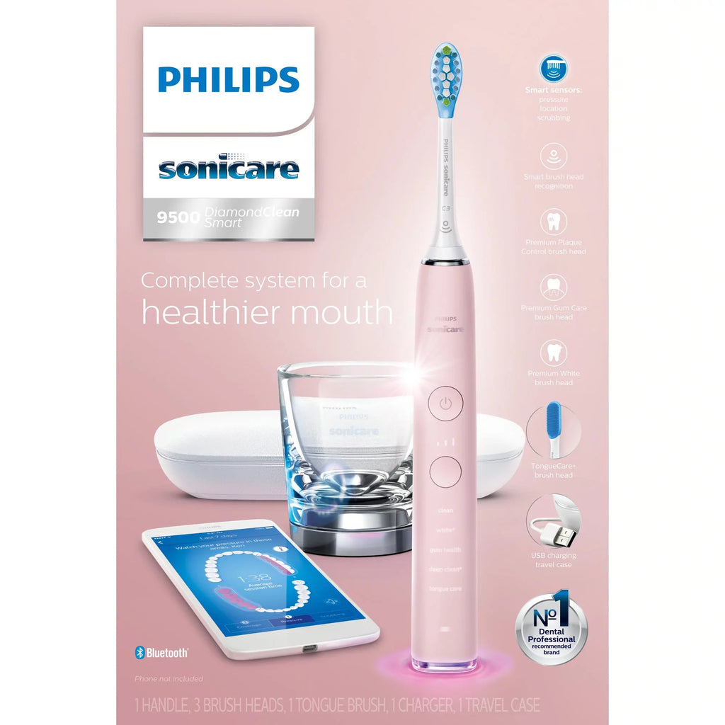 9500 Power DiamondClean Smart Philips Sonicare Electric Pink, Rechargeable Toothbrush, HX9924/21