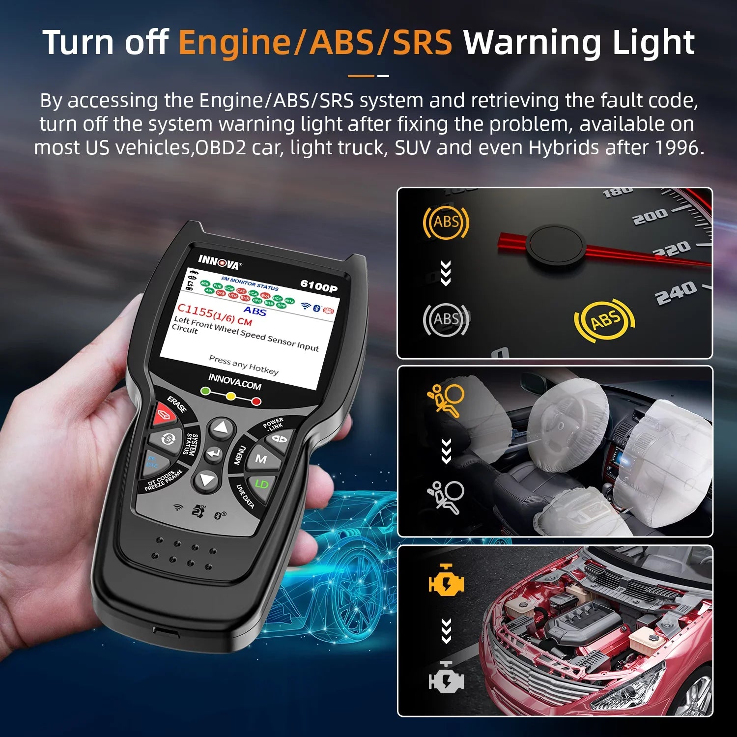 for OBDII OBD2 Reader Diagnostic Car SRS Scan Truck Automotive SUV Innova Reset Car ABS Analyzer Code Battery Automotive Light Scanner OBD2 Tool Test Scanner Scanner Hybrid Auto 6100P All Oil Engine
