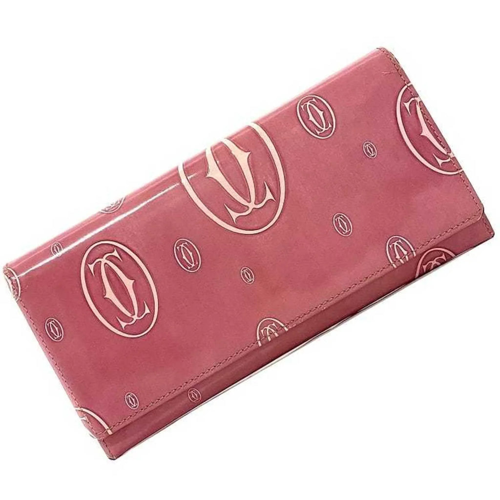 Long Ladies Leather Cartier Pink Bifold Wallet Pre-Owned L3000951 (Fair) 2C Happy Birthday Motif