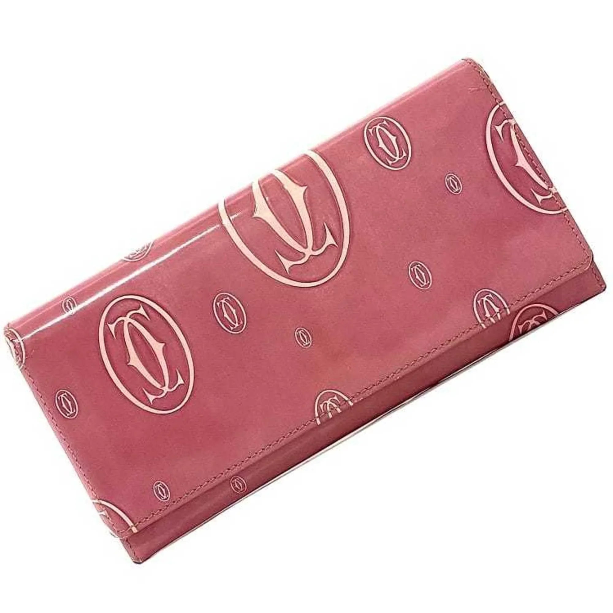 Long Ladies Leather Cartier Pink Bifold Wallet Pre-Owned L3000951 (Fair) 2C Happy Birthday Motif