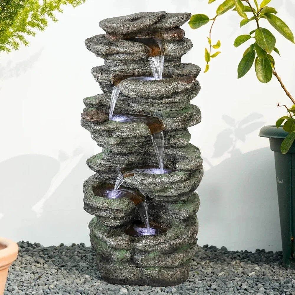 40''H Polyresin Meedzom Garden Fountain Lighted exterior Decor Floor Natural LED for Fountain Patio liquid