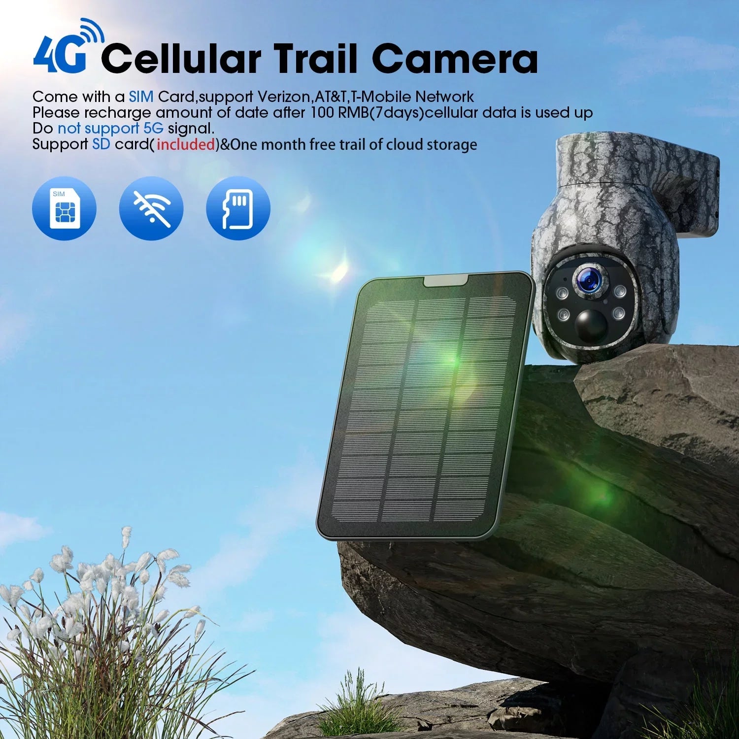 2K Card Motion, View, Cloud &SD Security 360°Pan with PIR Live Trail Cam Night Storage, Waterproof, 4G LTE, Hunting WiFi No SIM Camera Wireless Solar Vision, Camera CAMPARK 90°Tilt, Cellular with Game