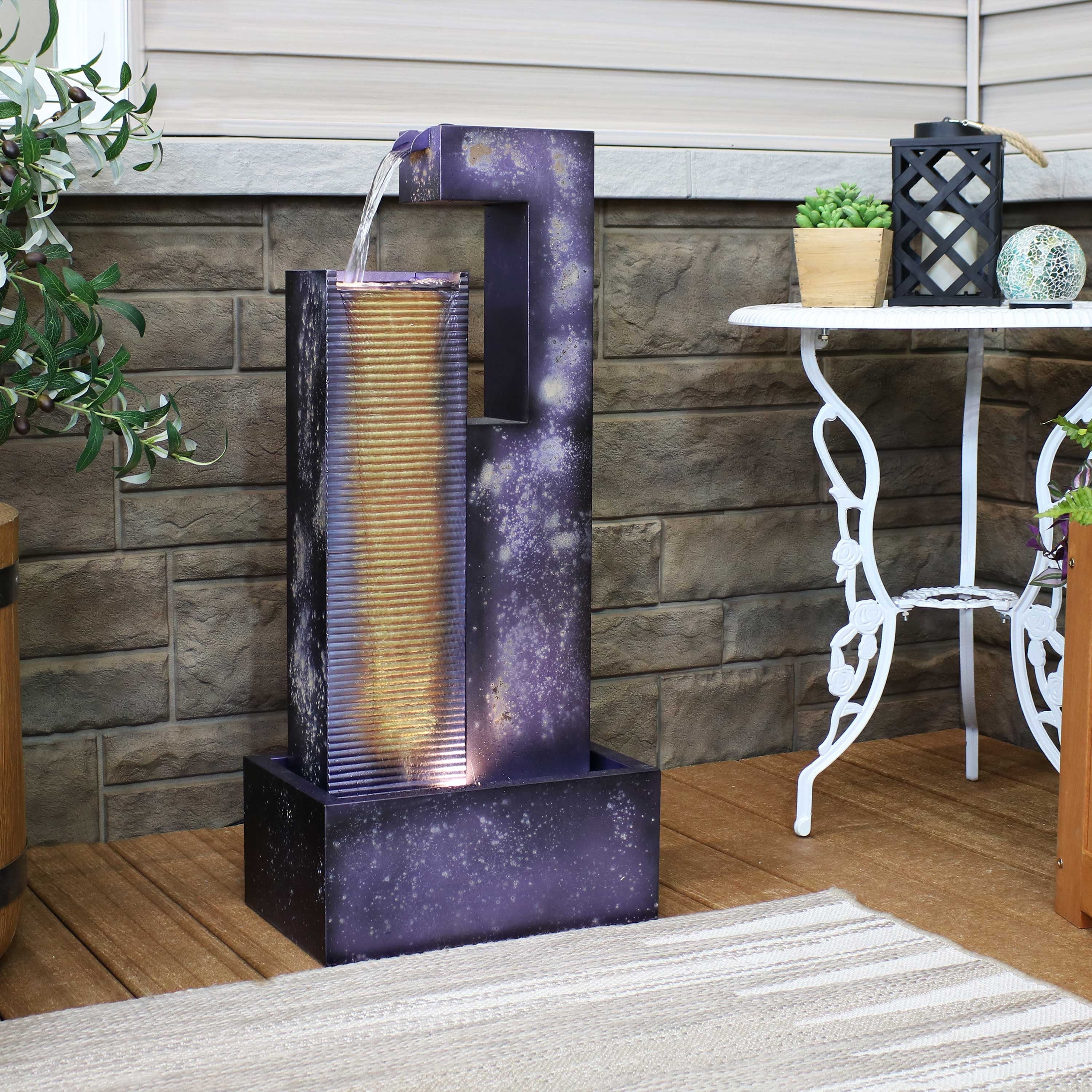 with exterior Metal Tower LED Lights Cascading - 32" Sunnydaze Fountain