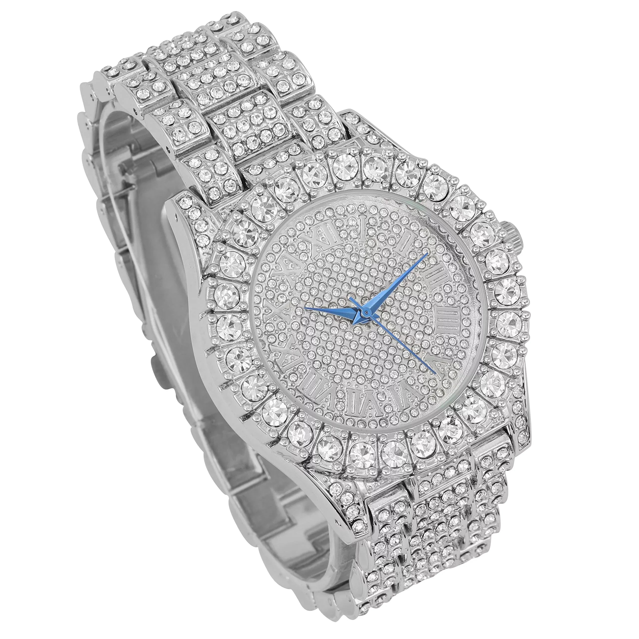Chain w/Cuban Mens Bezel Ring with Iced Rocks Charles Raymond - Bracelet Roman Out Big Dial ST10327SET3PC - Watch Numerals Fully & (10,Silver)