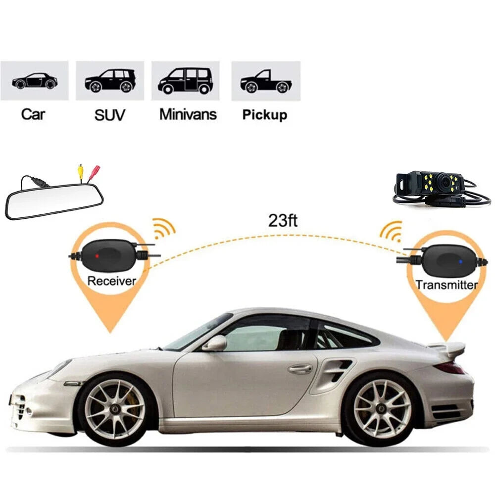 Monitor + Mirror Camera Vision Rear Backup Car Wireless System 5" Night HD View