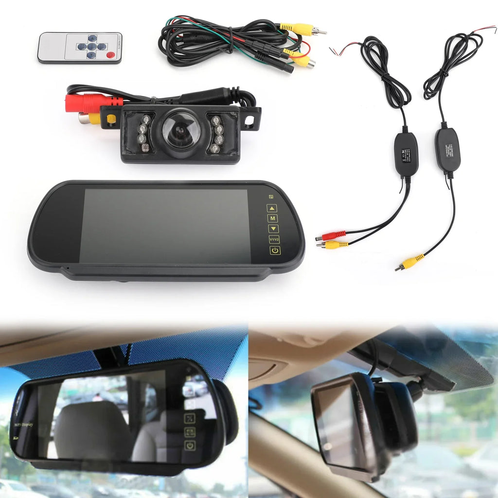 View 7" IR Wireless Rear Monitor View Mirror Camera Rear Night + Kit Car