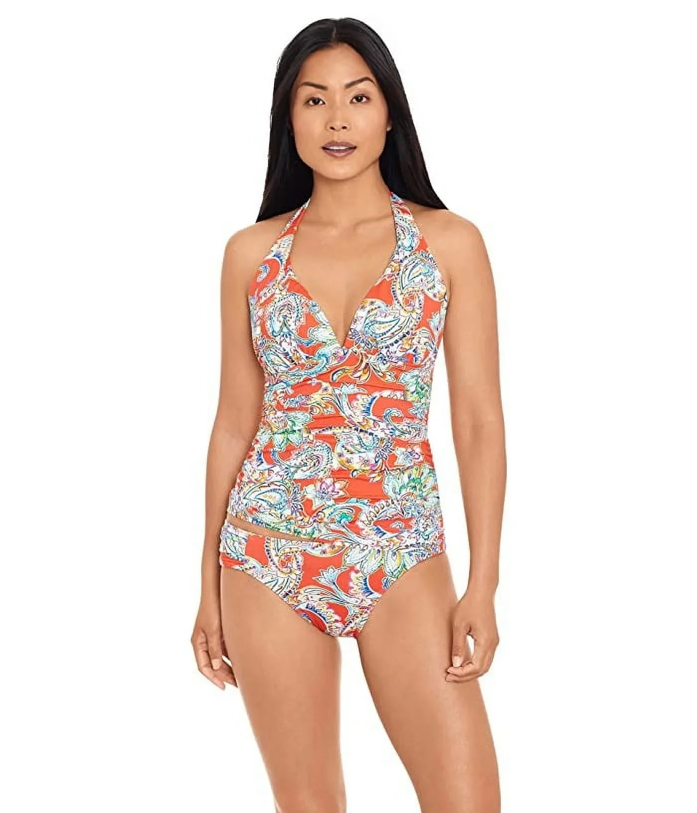 Multi Paisley Orange Lauren Cup Women's 6 Top Tankini Ralph Molded dimension