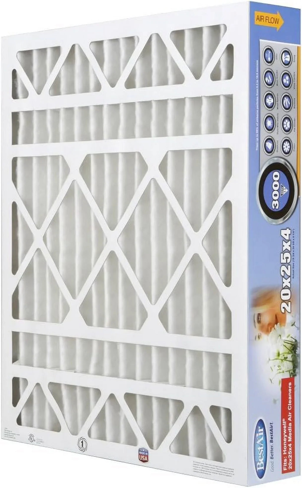 Air For 20" Honeywell BestAir MERV x HW2025-13R 3 Fits Removes 13, AC Furnace 100%, of Filter, Models, 25" Pack Allergens x 4", Contaminants, &