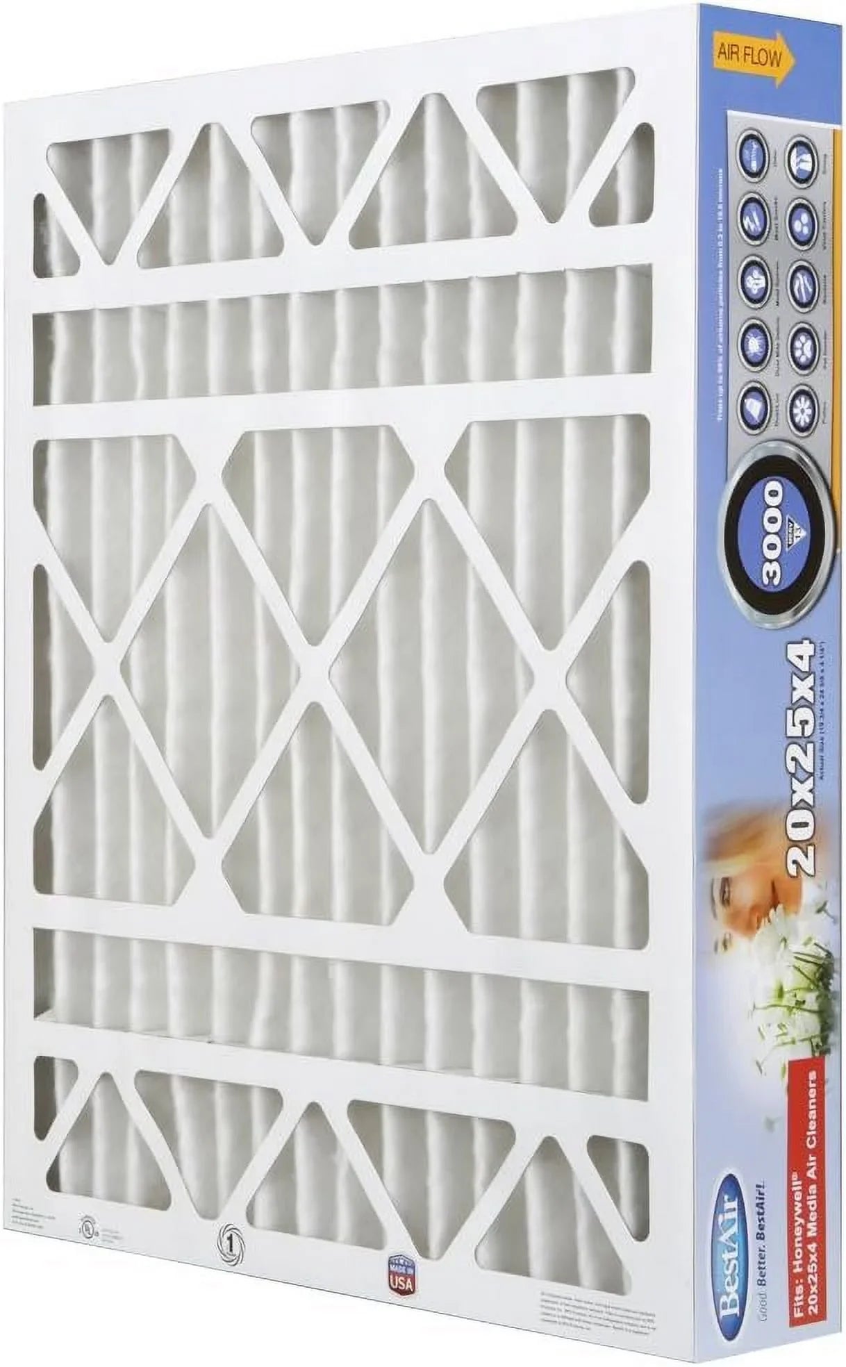 Air For 20" Honeywell BestAir MERV x HW2025-13R 3 Fits Removes 13, AC Furnace 100%, of Filter, Models, 25" Pack Allergens x 4", Contaminants, &