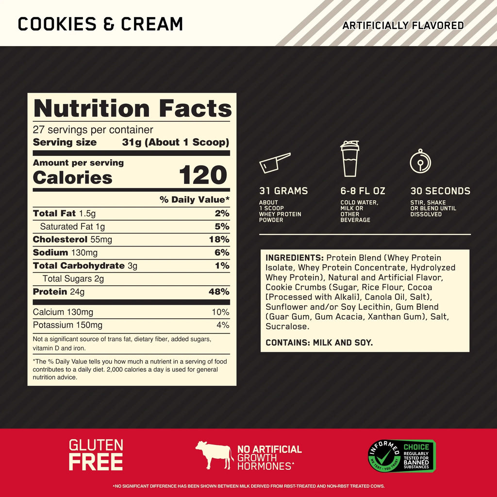 Protein & Cookies g Cream, lb, Protein, 100% 24 Nutrition, Standard Optimum 1.85 Whey Gold Powder, 27 Servings